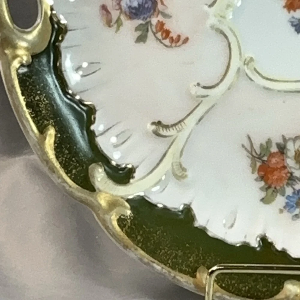 Antique Victorian Handled Cake Plate Pattern 930 Forest Green Stipple Gilt 10.5